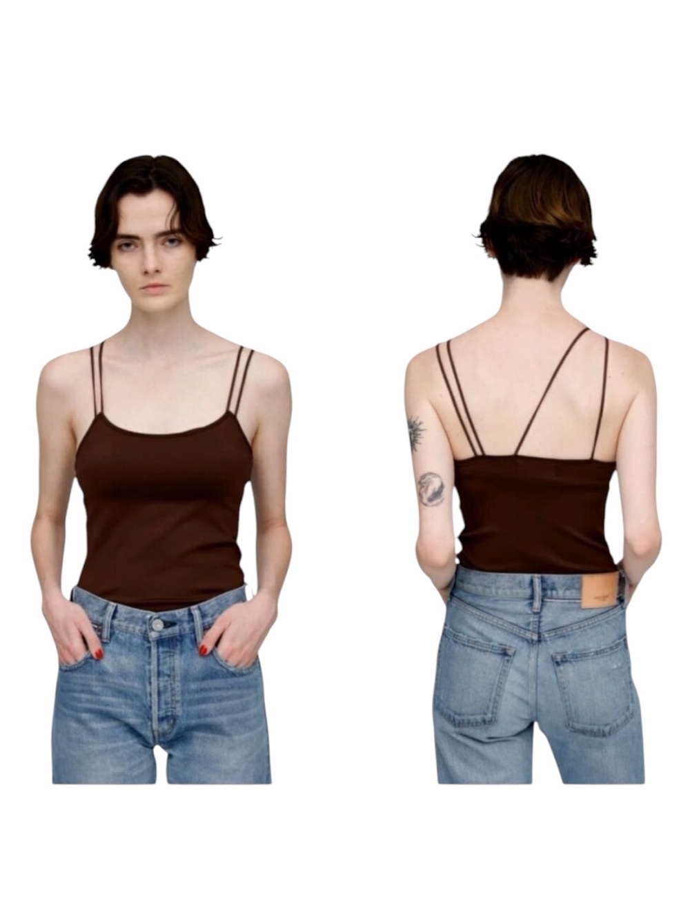 Moussy Vintage Tank Top Women XS‎ Brown Asymmetric Strap Cut Off Camisole Cami